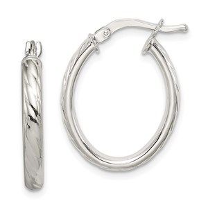 Sterling Silver Rhod-plated Textured 3mm Hollow Oval Hoop Earrings